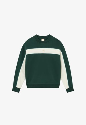 Grüner und cremefarbener Pullover mit Rundhalsausschnitt, kontrastierenden Streifen, gerippten Bündchen und einem kleinen Logo auf der Brust. Aus weichem Baumwollmaterial.