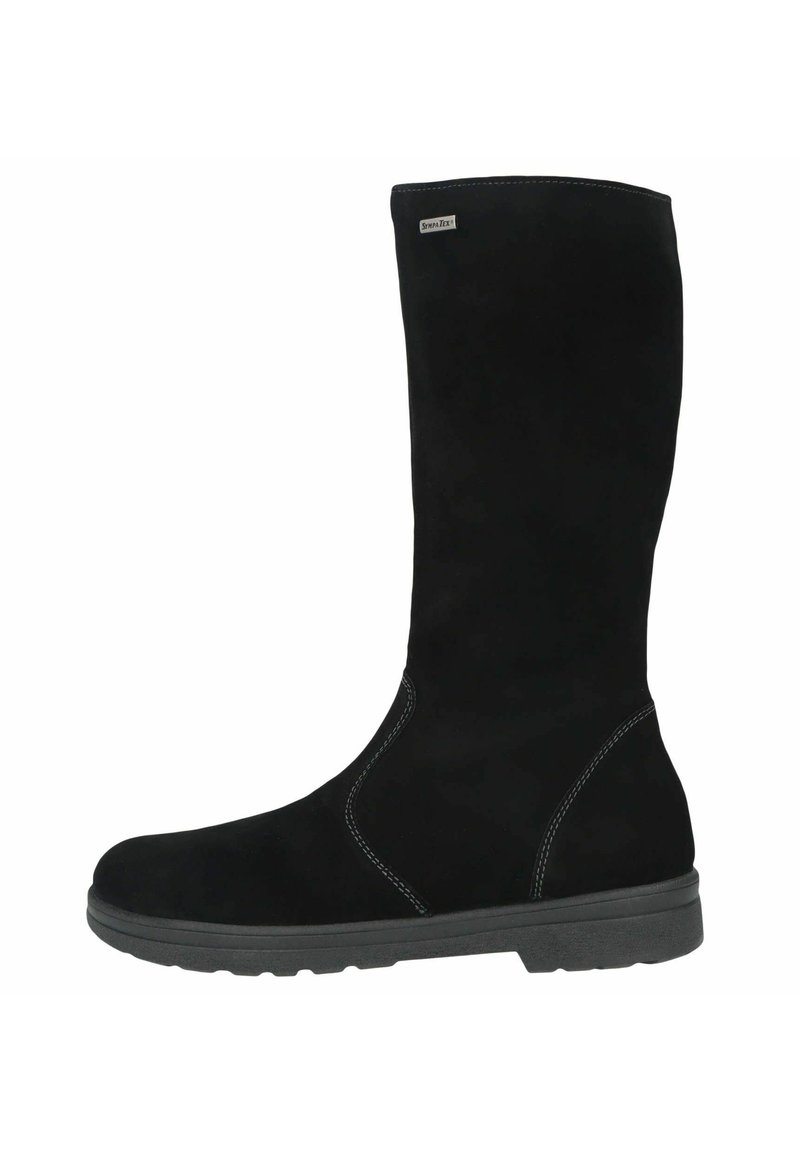 Schwarzer kniehoher Stiefel aus weichem Wildleder, mit runder Zehenform, dezenten Steppnähten und einer strukturierten Gummisohle für besseren Halt.