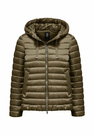 Oliwkowo-zielona pikowana kurtka puchowa z kapturem, zamkiem z przodu, ściągaczem i dwoma przednimi kieszeniami.