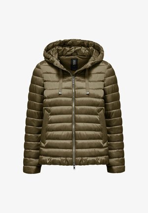 Giacca imbottita trapuntata verde oliva con cappuccio, zip frontale, coulisse e due tasche frontali.