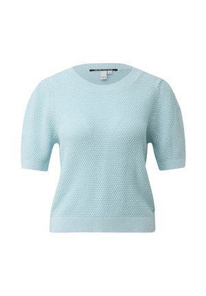 Hellblauer kurzärmeliger Strickpullover mit strukturiertem Muster, rundem Ausschnitt sowie gerippten Bündchen an Ärmeln und Saum, Größe S.