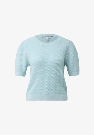 Hellblauer kurzärmeliger Strickpullover mit strukturiertem Muster, rundem Ausschnitt sowie gerippten Bündchen an Ärmeln und Saum, Größe S.