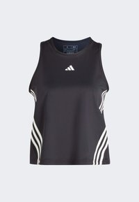 Czarny sportowy top na ramiączkach z okrągłym dekoltem, ozdobiony białymi skośnymi paskami po bokach oraz logo adidas na środku.