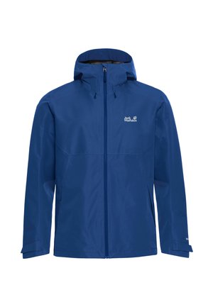 Giacca impermeabile blu con cappuccio, cerniera frontale, polsini regolabili e logo Jack Wolfskin sul petto.