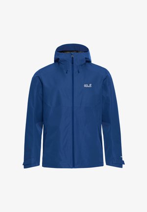 Giacca impermeabile blu con cappuccio, cerniera frontale, polsini regolabili e logo Jack Wolfskin sul petto.