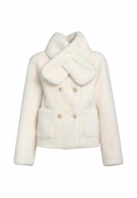 Kremowy płaszcz z sztucznego futra, dwurzędowy, z szerokim krzyżującym się kołnierzem, złotymi guzikami, długimi rękawami oraz dwoma kieszeniami przednimi.