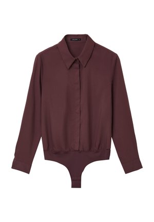 Bordeauxrote Langarm-Bodysuit mit kragenförmigem Ausschnitt, Knopfverschluss und elastischem, enganliegendem Saum. Glattes, leichtes Material mit einem schlichten Design.
