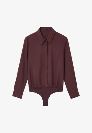 Body marron à manches longues avec un col, fermeture à boutons et un ourlet élastique ajusté. Tissu lisse et léger avec un design simple.