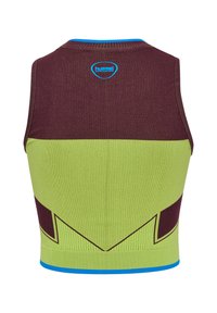 Ärmös träningslinne i grönt och vinrött, med en geometrisk design och blå kant. Det har en logotyp på baksidan och är tillverkat av elastiskt material.