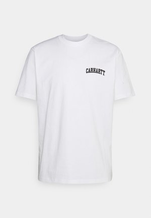 Schlichtes weißes Kurzarm-T-Shirt mit schwarzem Text "Carhartt" auf der linken Brustseite gedruckt.