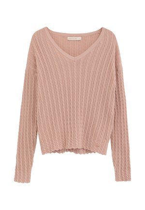 Weicher rosa Kabelstrickpullover mit V-Ausschnitt, langen Ärmeln und leicht gekürztem Saum, mit der Aufschrift "Polo Club".