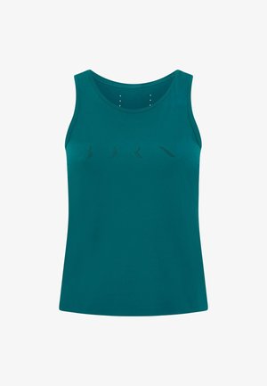 Teal-toppi pyöreällä kaula-aukolla, jossa on pieniä rei'itettyjä kuvioita rinnassa ja kolme koristeellista niittiä kaula-aukolla lähellä.
