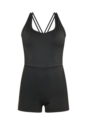Mustat olkaimettomat romperit, joissa on V-pääntie ja ristikkäiset hihnat. Valmistettu sileästä, joustavasta kankaasta, jossa on vartalonmyötäinen siluetti ja lyhyet lahkeet.