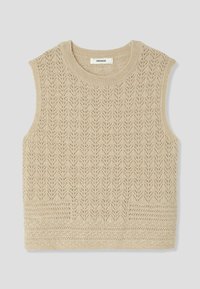 Top sans manches en tricot beige avec un motif diamant texturé et un col et un ourlet côtelés. Fabriqué dans un tissu doux et léger.