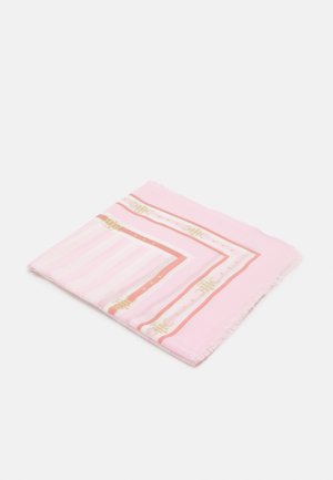 Soft pink square scarf with light pink and white stripes, gold ornamental border, and fringed edges, folded flat on white background.