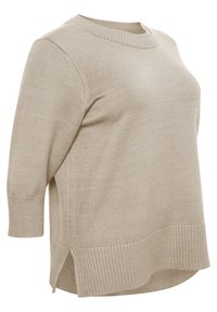 Pull beige en tricot avec demi-manches, col rond, poignets côtelés et un ourlet côtelé avec fentes latérales.