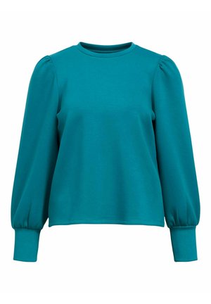 Sudadera de manga larga en color azul verdoso con cuello redondo, mangas fluidas y puños ajustados. Fabricada en una tela suave con una textura lisa y un diseño minimalista.