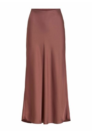 Jupe midi en satin couleur rouille avec une légère évasement et une texture lisse, présentant une taille haute et un éclat subtil.