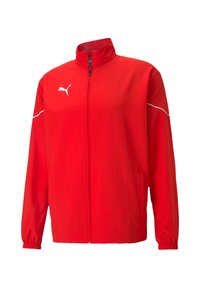 Giacca rossa Puma con colletto alto, zip completa, polsini elasticizzati e strisce bianche di accento sulle spalle. Realizzata in tessuto leggero.