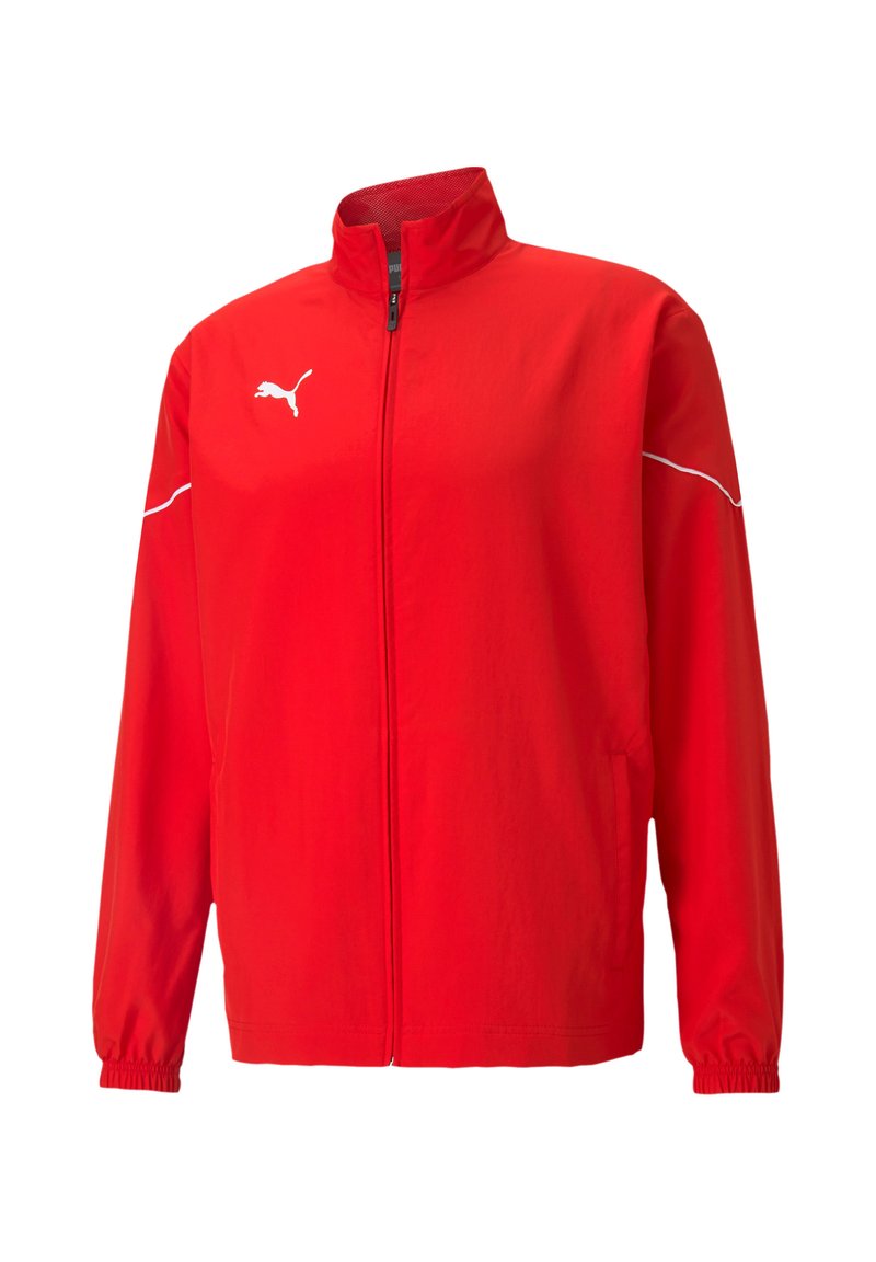 Red Puma jacket with a high collar, full zip, elastic cuffs, and white accent stripes on the shoulders. Made from lightweight fabric.