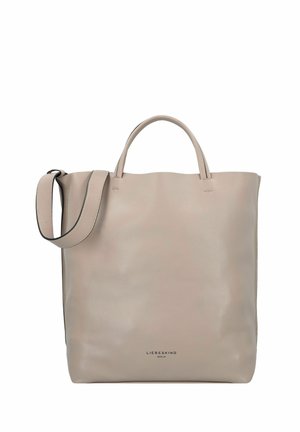 Beige Leder-Tote mit zwei oberen Griffen und einem abnehmbaren Schultergurt, mit einer glatten Textur und minimalistischem Design.