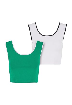 Deux tops courts sans manches : l'un en vert uni avec des bordures blanches, et l'autre en blanc avec des bordures noires. Les deux ont un col rond.