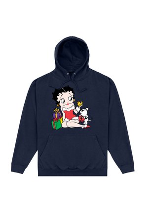 Marineblauwe hoodie met een cartoonafbeelding van een personage met zwart haar en een rode outfit, die een gele eend vasthoudt en vergezeld wordt door een zwart-witte hond.