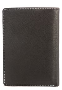 Black leather wallet with textured surface, white stitching along the edges, and a simple, rectangular design.
