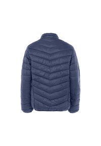 M�ørkeblå polstret jakke med chevron-quiltning, stående krave og lynlåslommer. Stoffet fremstår glat og let. Bagperspektiv vist.