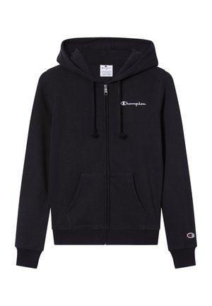 Sweat à capuche noir zippé en tissu doux, avec une poche kangourou, une capuche avec cordon de serrage et un logo Champion brodé sur la poitrine.