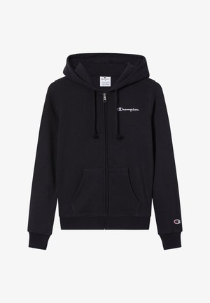 Sweat à capuche noir zippé en tissu doux, avec une poche kangourou, une capuche avec cordon de serrage et un logo Champion brodé sur la poitrine.