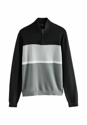 Tõmblukuga sviiter mustast ülemisest osast, hallist keskmisest triibust ja heledamast hallist alumisest triibust. Pehme tekstuur, pikad varrukad, soonikserv.