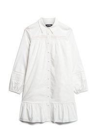 Abito bianco a camicia con colletto, maniche lunghe, orlo arricciato e cuciture decorative sul petto. Realizzato in tessuto leggero.