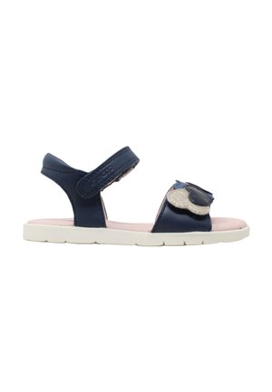 Sandalo per bambini blu navy con cinturini alla caviglia e alle dita, decorazione a nuvola glitterata sul davanti e suola bianca flessibile.
