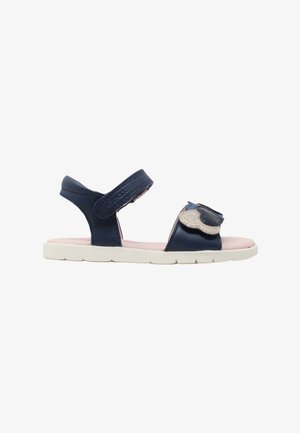 Sandalo per bambini blu navy con cinturini alla caviglia e alle dita, decorazione a nuvola glitterata sul davanti e suola bianca flessibile.