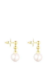 Pendientes de oro con un diseño lineal que incluye tres cuentas redondas y una perla blanca más grande en la parte inferior. Cierre seguro de tipo presión trasera.