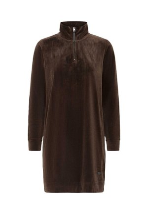 Bruine corduroy pullover jurk met een opstaande kraag en halve ritssluiting. Bevat lange mouwen en ribbeltextuur voor warmte en comfort.