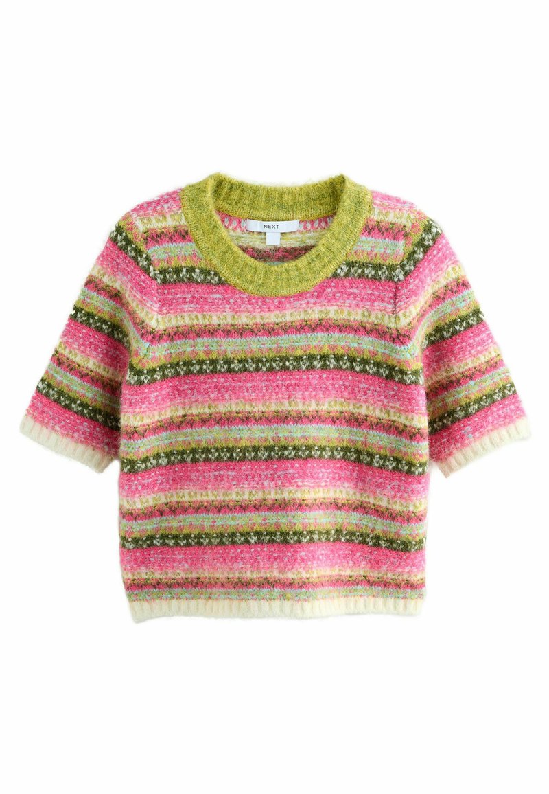 Pull à manches courtes en rose, vert et blanc avec des rayures horizontales et un col côtelé. Tissu doux et texturé avec des motifs variés.