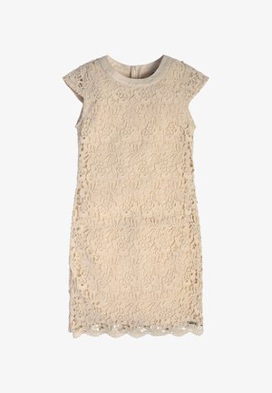 Vestido de encaje beige con mangas tipo capa, patrón floral, dobladillo con borde ondulado y cremallera trasera oculta. Textura intrincada en todo el prenda.