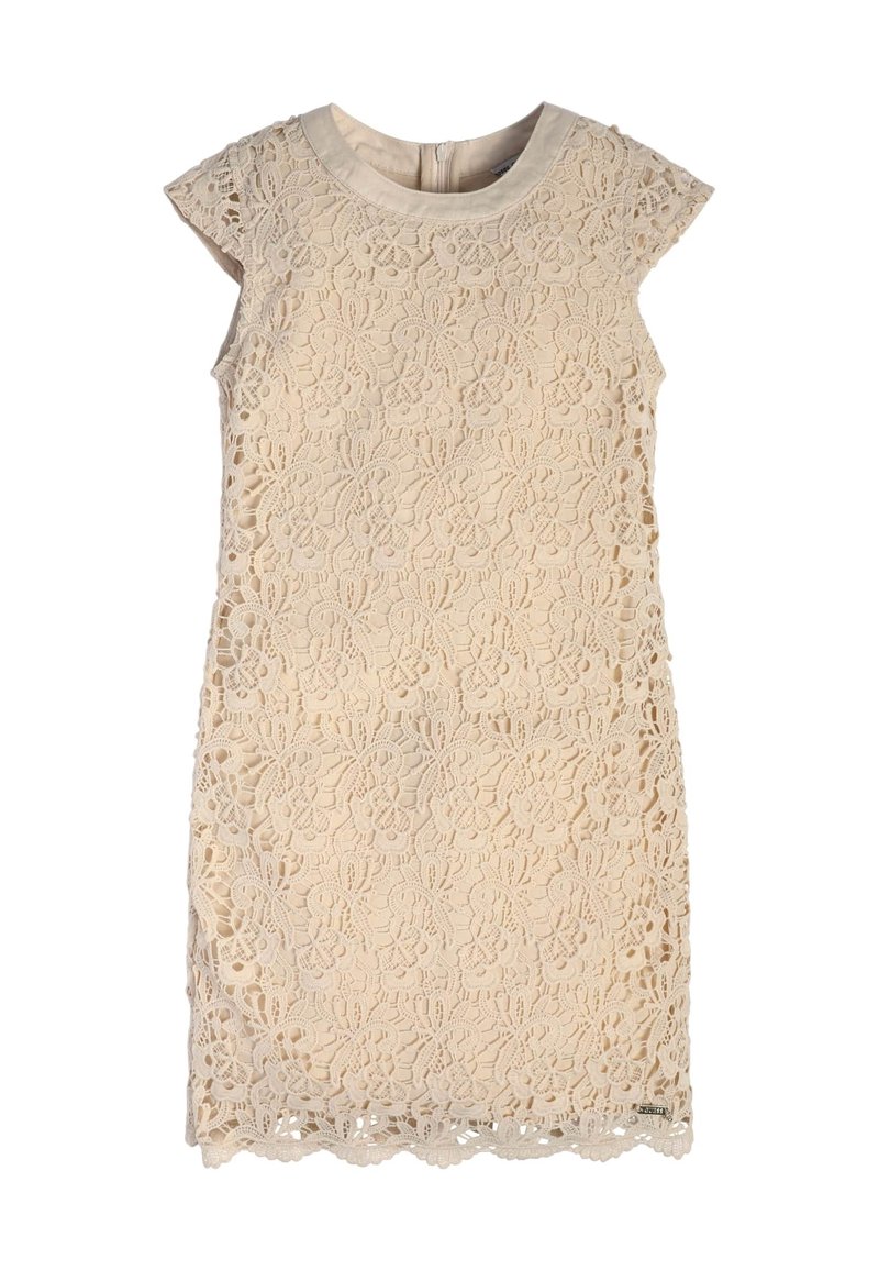 Abito in pizzo beige con maniche a cappuccio, motivo floreale, orlo smerlato e zip nascosta sul retro. Texture intricata su tutta la superficie.