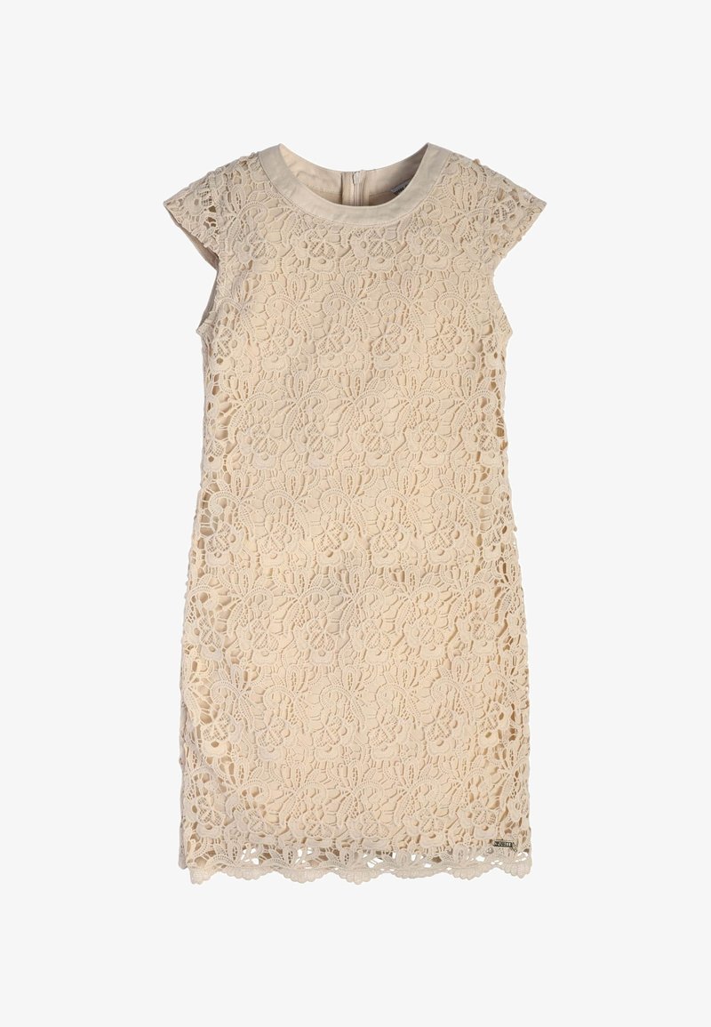 Abito in pizzo beige con maniche a cappuccio, motivo floreale, orlo smerlato e zip nascosta sul retro. Texture intricata su tutta la superficie.