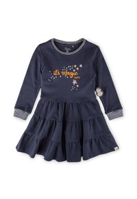 Navyblaues langärmeliges Kleid mit gestuften Rüschen, gestreiften Manschetten und einem "It's Magic"-Grafikdesign in Orange, Creme und Pink. Pinguin-Akzentdetail.