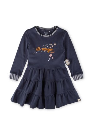 Navyblaues langärmeliges Kleid mit gestuften Rüschen, gestreiften Manschetten und einem "It's Magic"-Grafikdesign in Orange, Creme und Pink. Pinguin-Akzentdetail.