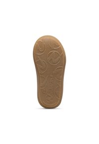 Sole di scarpa in gomma di colore marrone chiaro con superficie testurizzata. Presenta un motivo circolare e un logo, progettata per offrire aderenza e flessibilità.