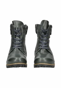 Bottines en cuir vert foncé avec une finition texturée, à lacets à l'avant et fermeture éclair sur le côté. Semelles en caoutchouc avec des profils pour une adhérence et une stabilité accrues.