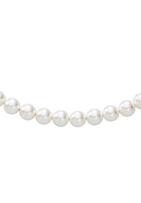 Collar de perlas blancas que presenta perlas redondas, lisas y de tamaño uniforme, con un acabado brillante, ensartadas de forma cercana entre sí sin ningún cierre visible.