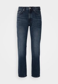 Tmavomodré džíny z denimu so strihom rovného nohavíc, ktoré majú päť vreciek, zapínanie na gombík a zips a jemné vyblednutie.