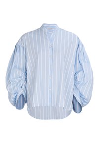 Light blue striped blouse with a stand collar, puffed sleeves, and button closure. Made of smooth fabric with a loose fit and curved hem.