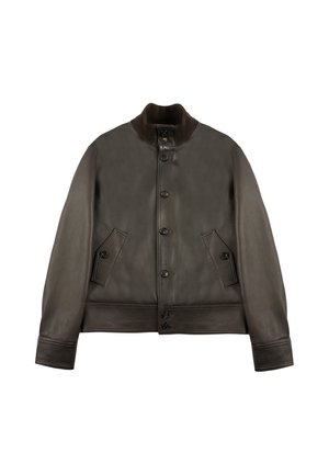 Veste bombardier en cuir marron avec un col haut, des boutons-pression et deux poches avant, présentant une texture lisse et une coupe ajustée.