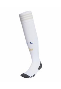Hvide knæhøje sokker med tre beige striber øverst, marineblå og beige logo samt sorte forstærkede hæl- og tåområder.